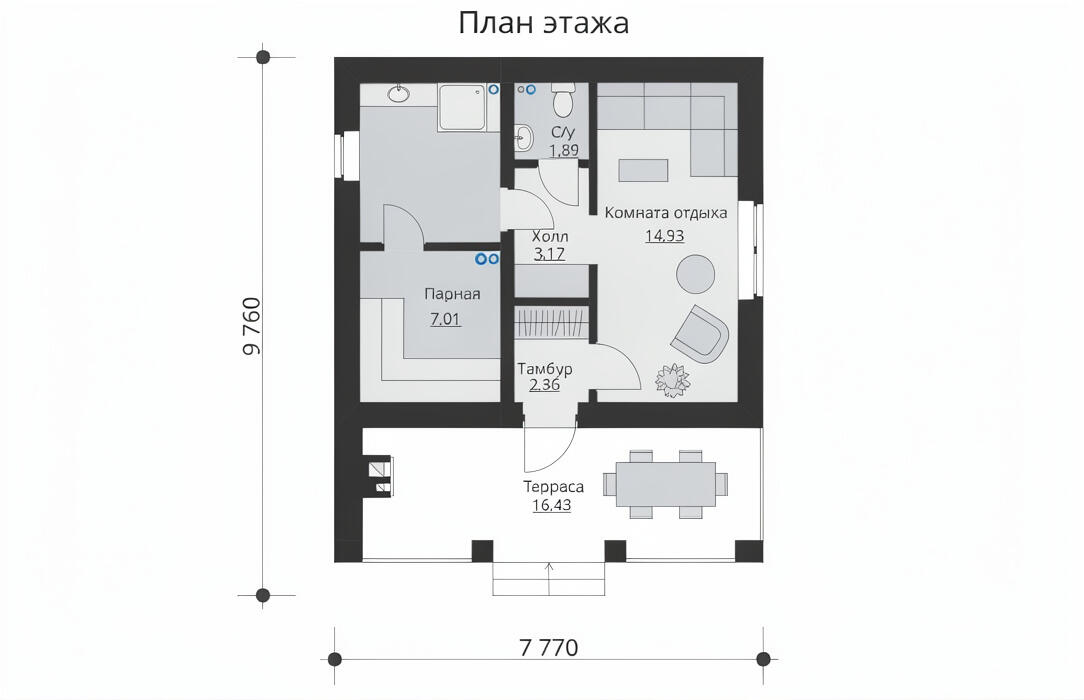 Б-03 . Одноэтажная баня с террасой 9,8 x 7,8 метров. — фото 5