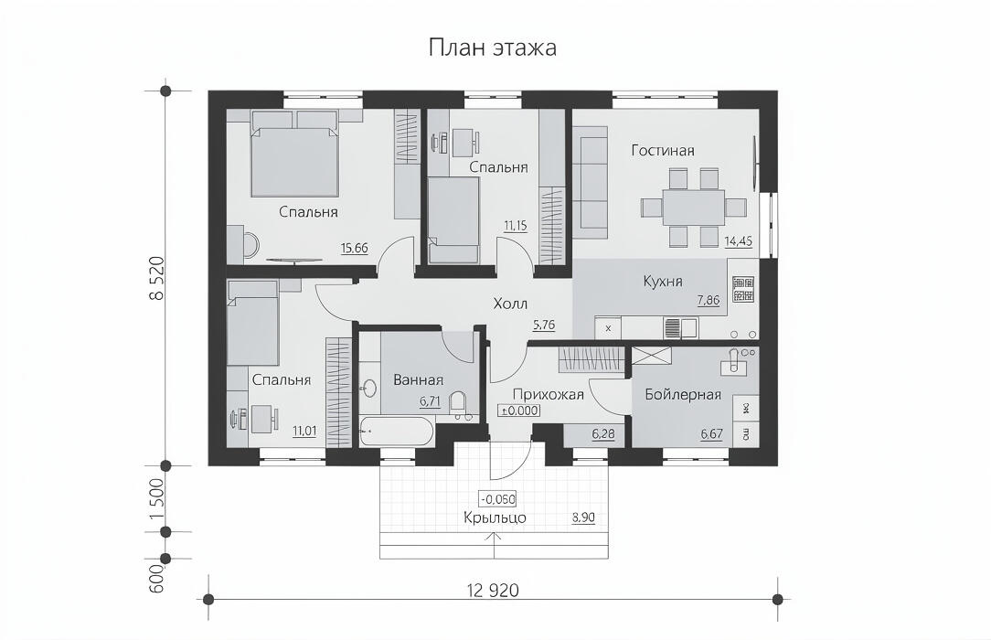 Р-22 Одноэтажный дом с тремя спальнями 10 x 12,9 м — фото 5