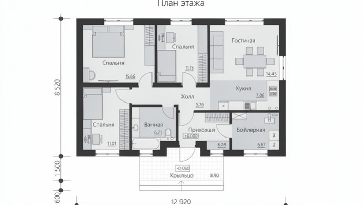 Р-22 Одноэтажный дом с тремя спальнями 10 x 12,9 м — фото 5