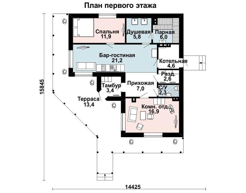 Б-25 Банный комплекс с бар гостиной 15.9 м × 14.5 м. — фото 6