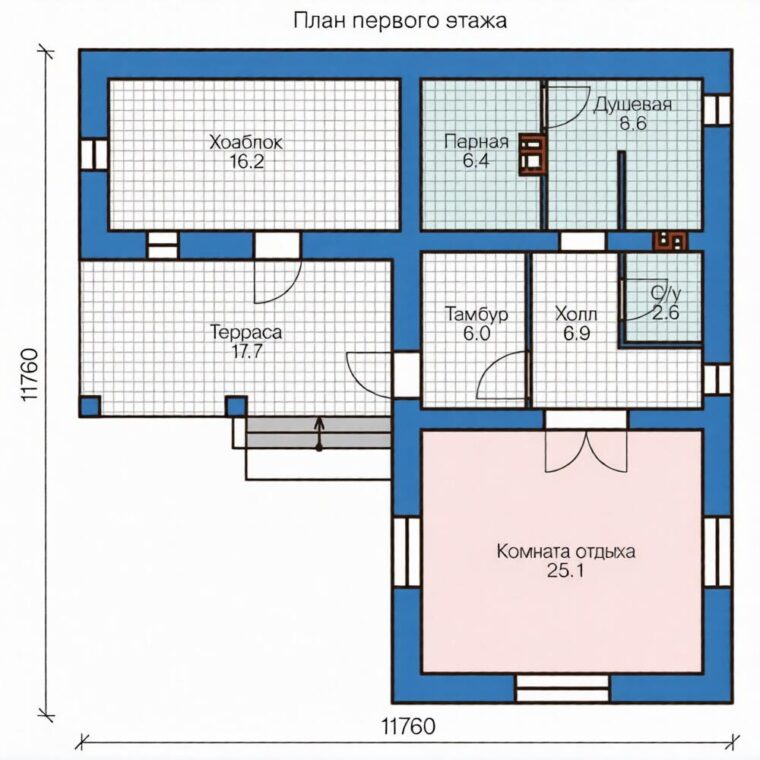 Б-19. Банный комплекс с террасой 12.46×12.46 метров — фото 5