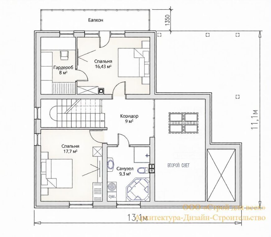ПД-11 Коттедж с тремя комнатами и мансардой 13.1 * 11.1 м. — фото 8