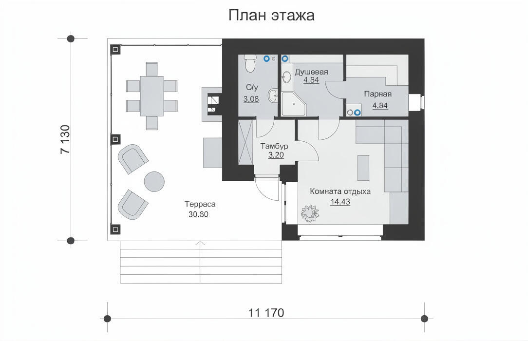 Б-11 Баня с террасой и комнатой отдыха 7,1 x 11,2 м — фото 5