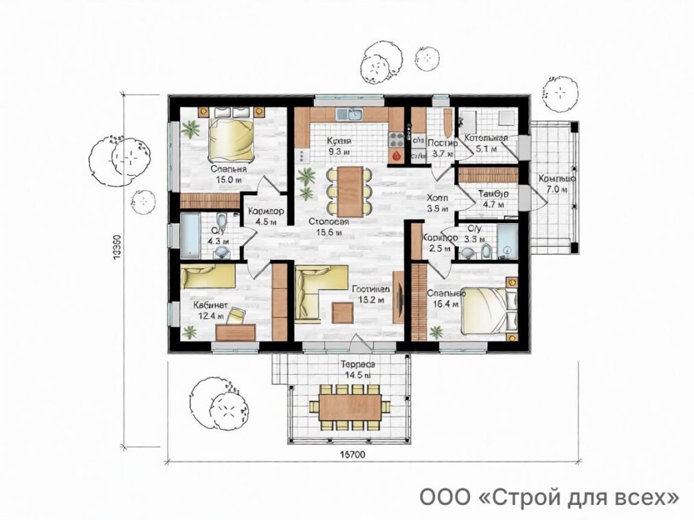 ПД-29 Одноэтажный дом с тремя комнатами 15,7 м x 13,4 м — фото 10