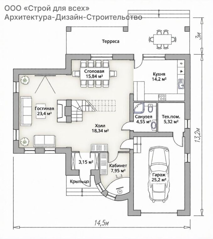 ПД-21 Особняк с четырьмя спальнями и гаражом 14,5 * 13,2 м. — фото 7