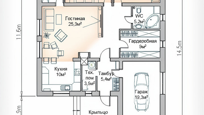 М-49 .Коттедж с тремя комнатами и гаражом 11.6*14.5 м. — фото 5