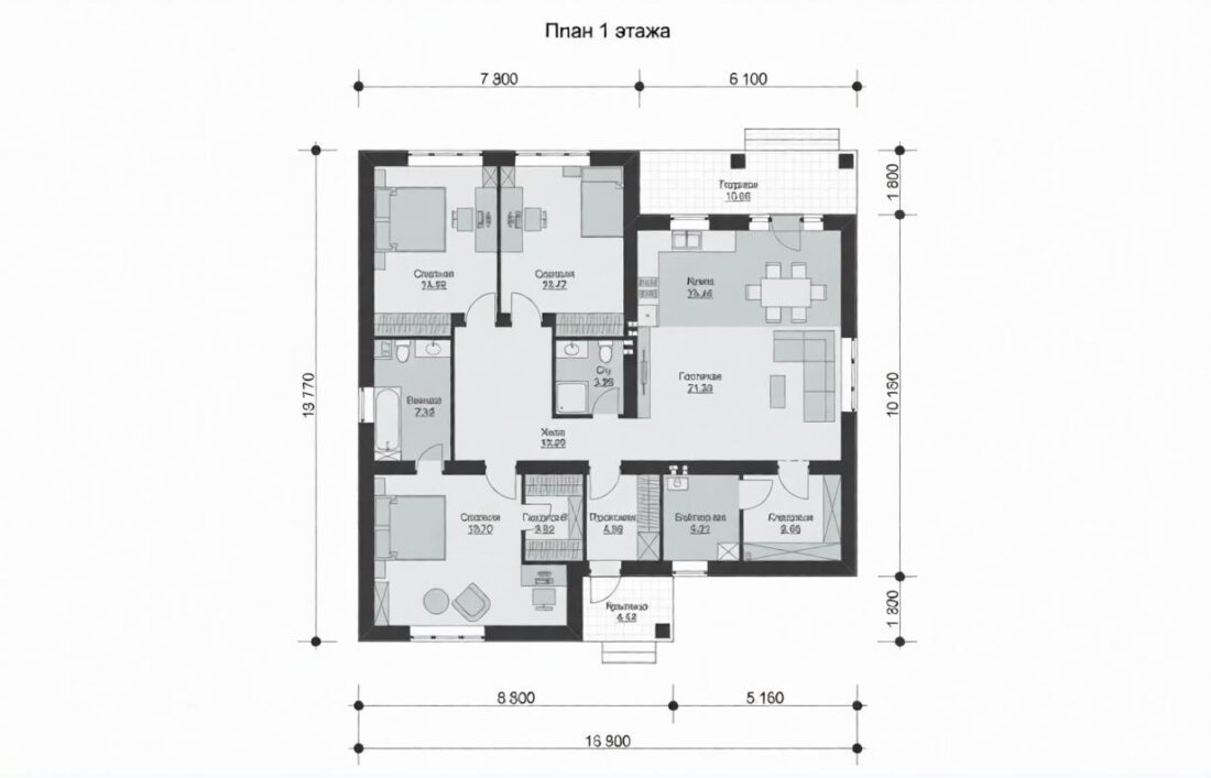 А-77 Дом с тремя спальнями и террасой 13.95м×14.16 м. — фото 5