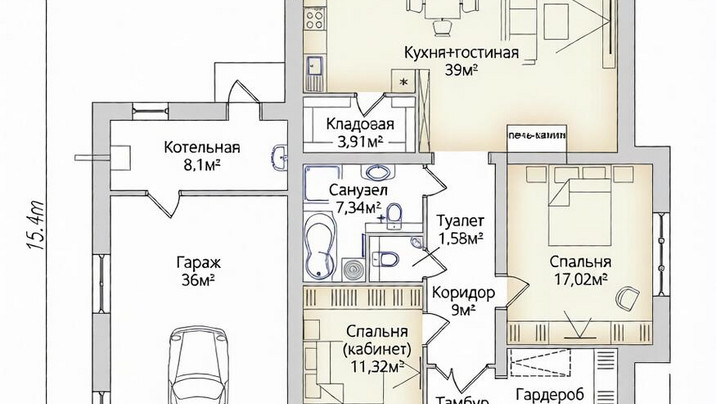 ПД-04 Коттедж с тремя комнатами и гаражом 14.7м*15.4 м. — фото 5