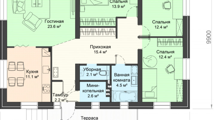 В-76 Дом с тремя спальнями и террасой 9.9×13.00 м. — фото 3