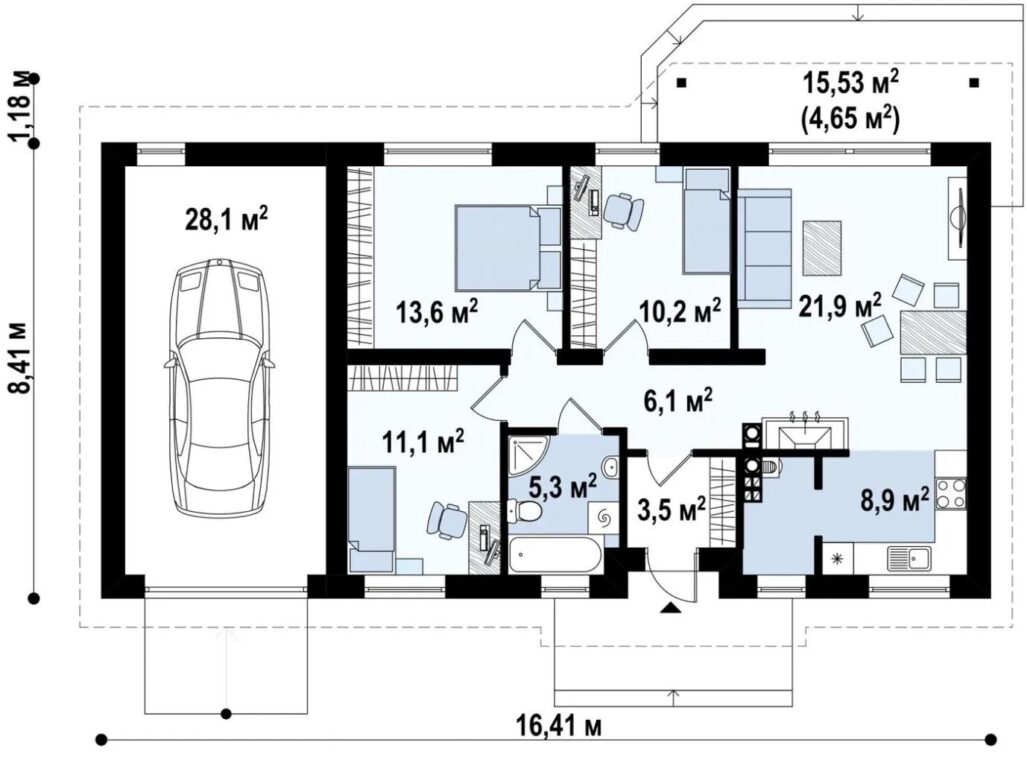АН-35 Коттедж с тремя спальнями и гаражом 16.4*8.5 м. — фото 8
