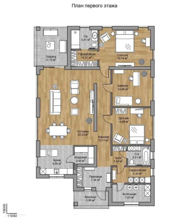 К-44 Коттедж с тремя комнатами и террасой 18*11.9 м. — фото 5