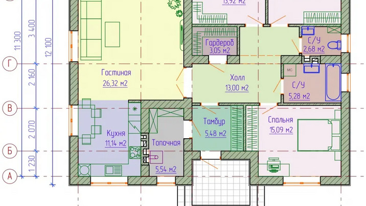 КБ-221 Одноэтажный дом с тремя спальнями 13,5*12.10 м. — фото 8