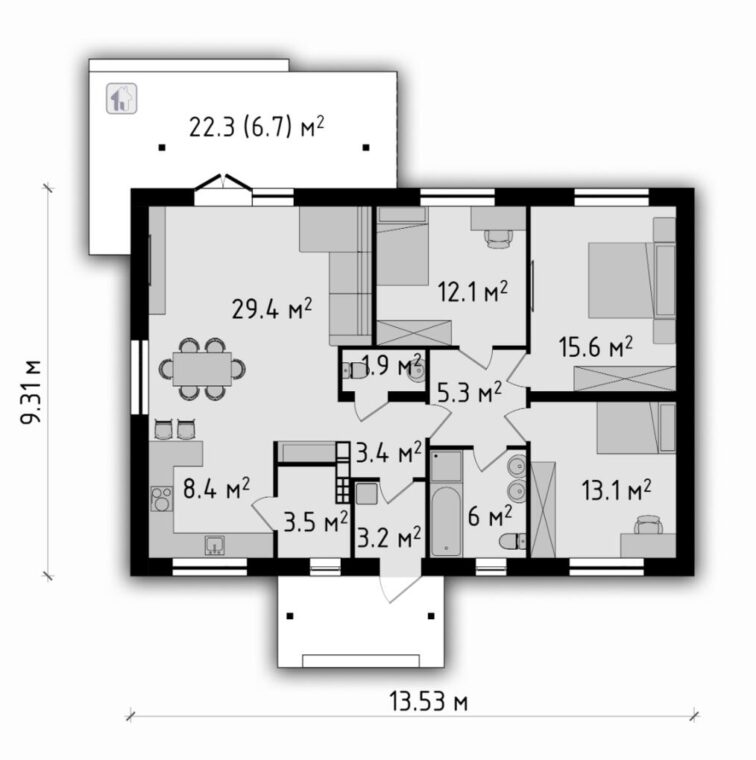 СБ-30. Одноэтажный дом с тремя спальнями 13.5*9.3 м. — фото 6