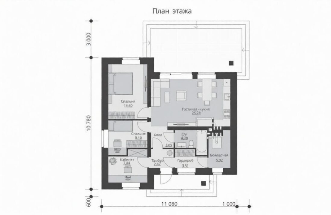 Р-33 Дом 2 спальни гостиная кабинет. 10,8 x 11,1 м — фото 5